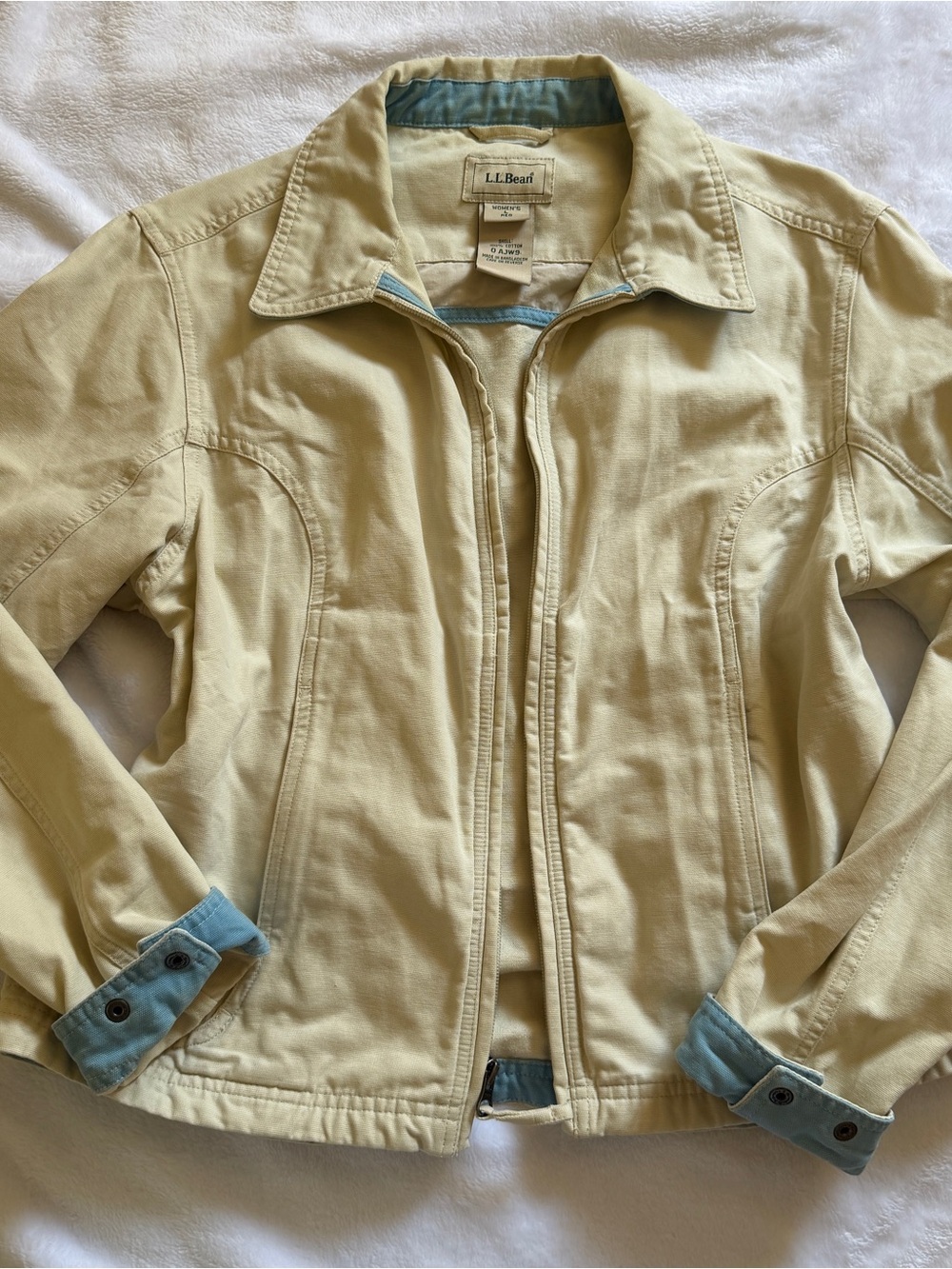 L.L. Bean Pale Yellow Cotton Zip Jacket with Blue Trim